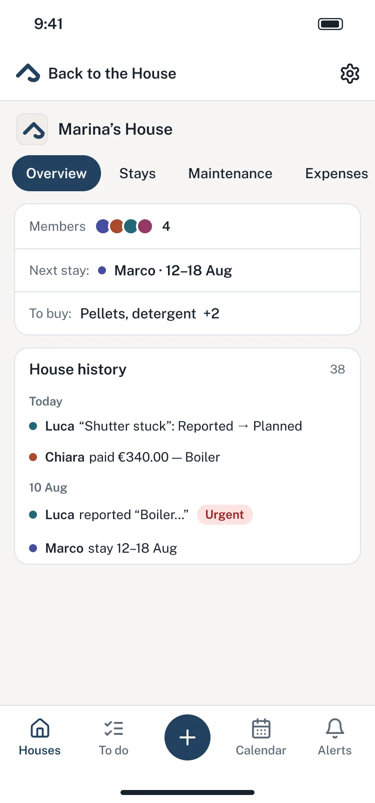 The app’s Overview of Marina’s House: the members, the next stay, what to buy and the house history.