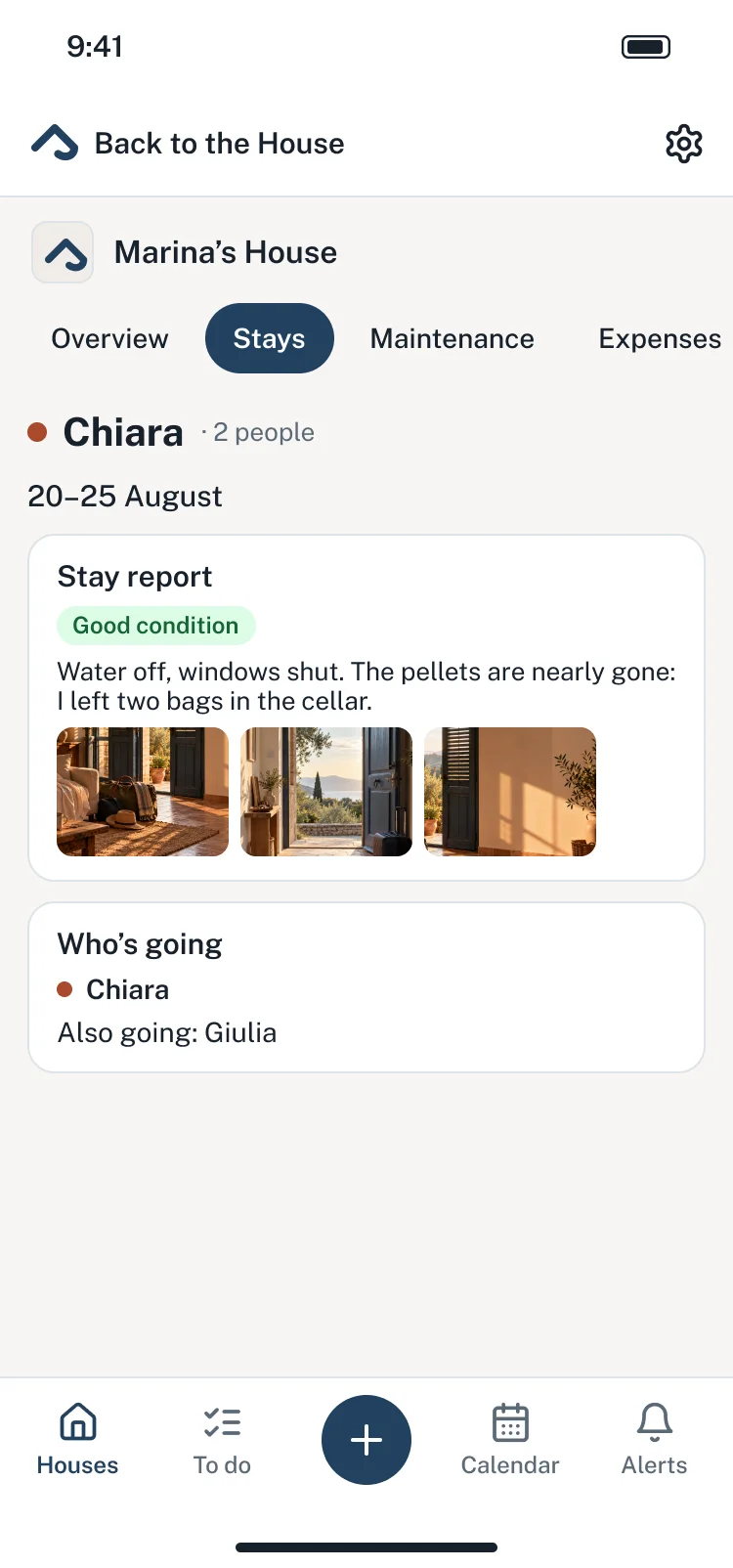 The report on Chiara’s stay in the app: the house in good condition, the notes, three photos and who went.