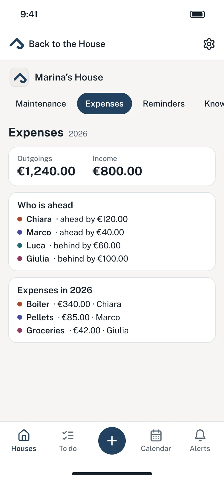 The house expenses in the app: the year’s outgoings and income, who is ahead and who is behind, the expenses in 2026.