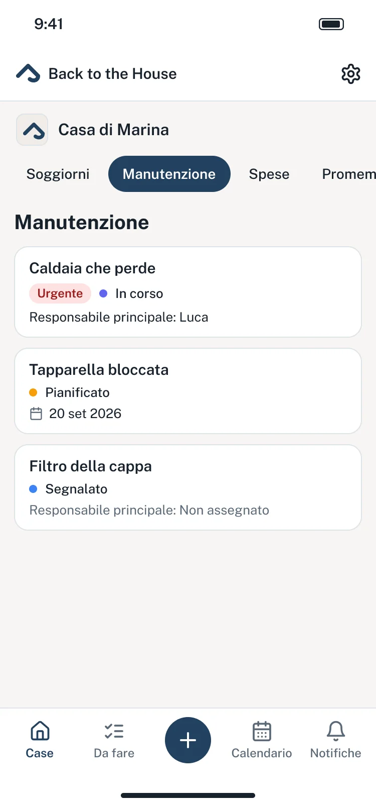 I guasti aperti della casa nell’app: la caldaia che perde, la tapparella bloccata e il filtro della cappa, ognuno col suo stato.