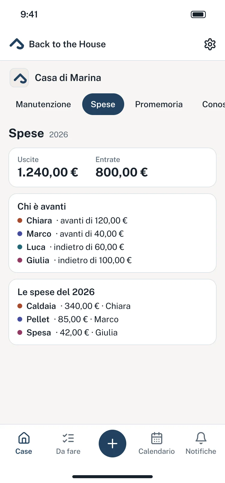 Le spese della casa nell’app: uscite ed entrate dell’anno, chi è avanti e chi è indietro, le spese del 2026.